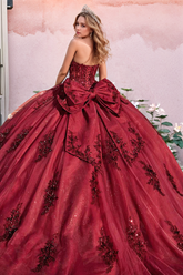 Burgundy Ball Gown Off-Shoulder Long Sleeves with Floral Beading & Bow Detail for Quinceanera Sweet 16 & Formal Events